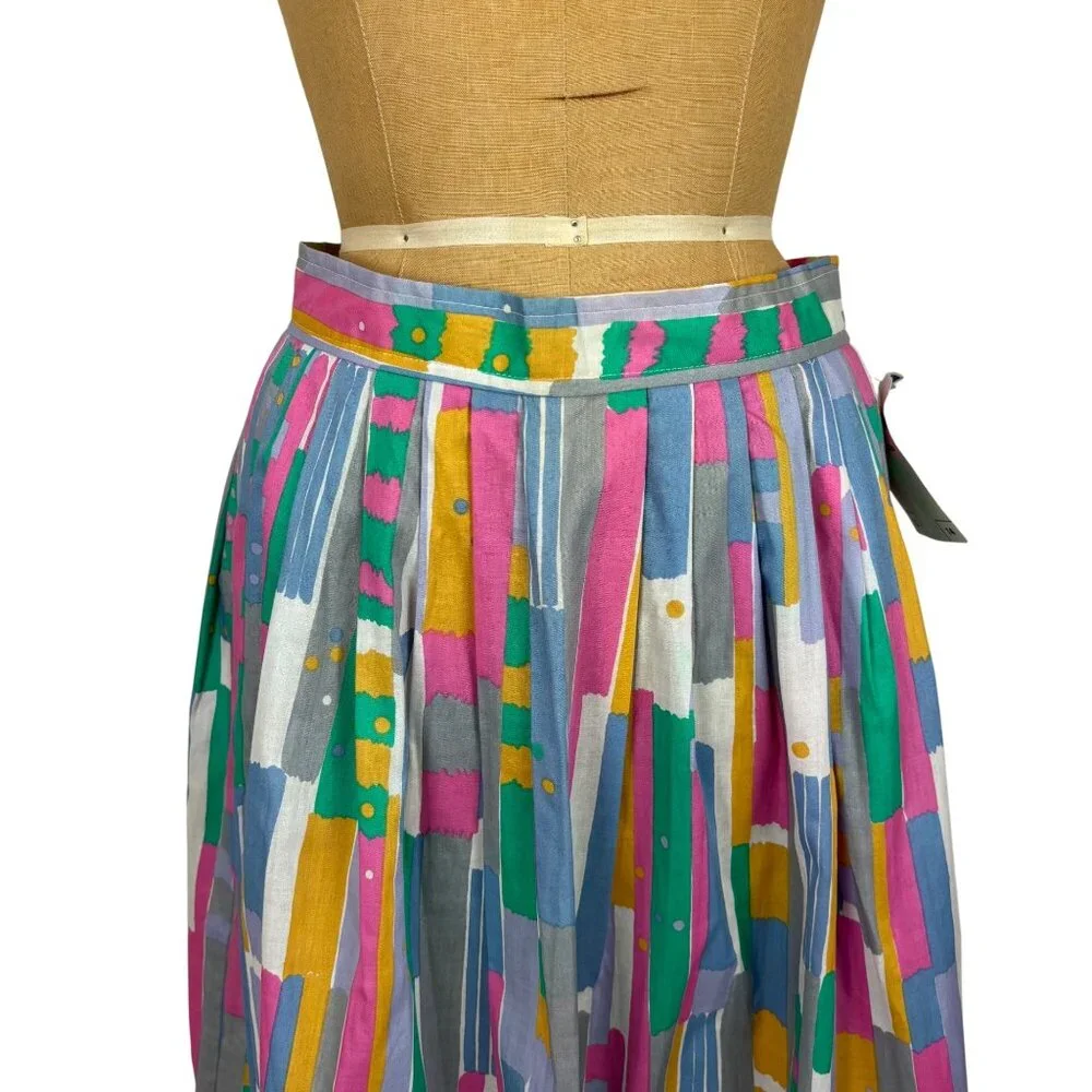 Vintage 80s Cotton Skirt Womens Small Deadstock Pastel 50s Style Pleated - Picture 3 of 10